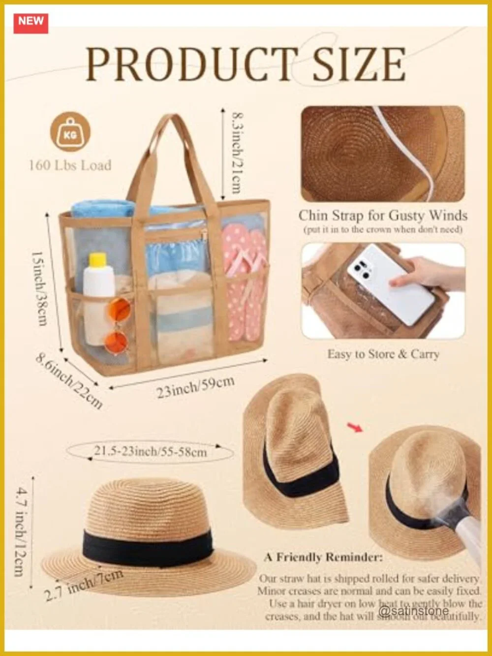 Foldable UPF 80+ Straw Sun Hat & Mesh Beach Tote Bundle Set for Women